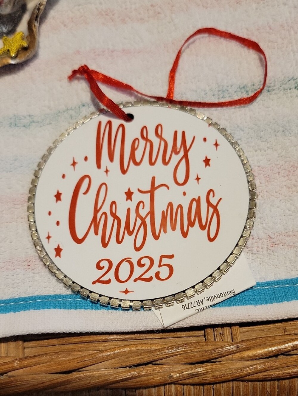 Sparkling Round Photo Holiday Ornament with Red Ribbon - Picture 2 of 2